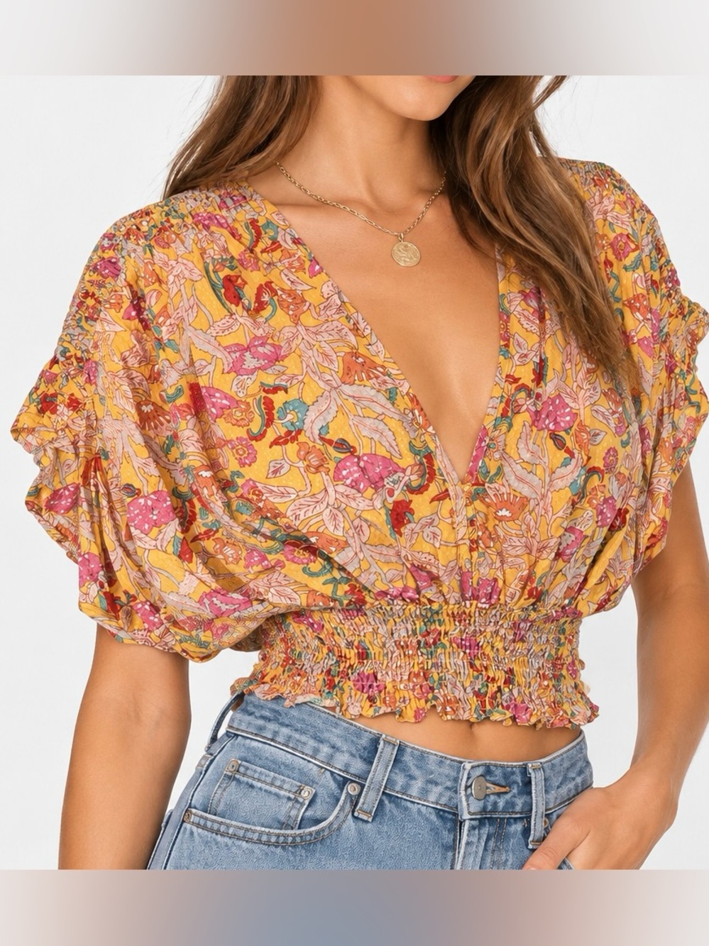 Anthropologie Cupcakes and Cashmere Floral Smocked Crop Top Yellow Pink Boho L